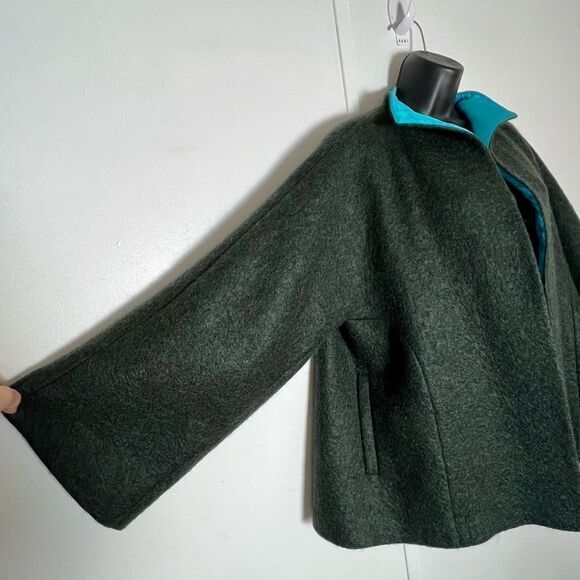 Han Feng Gray Wool Mohair Bell Sleeve Minimalist Lagenlook Jacket Teal Silk XL - Picture 6 of 16